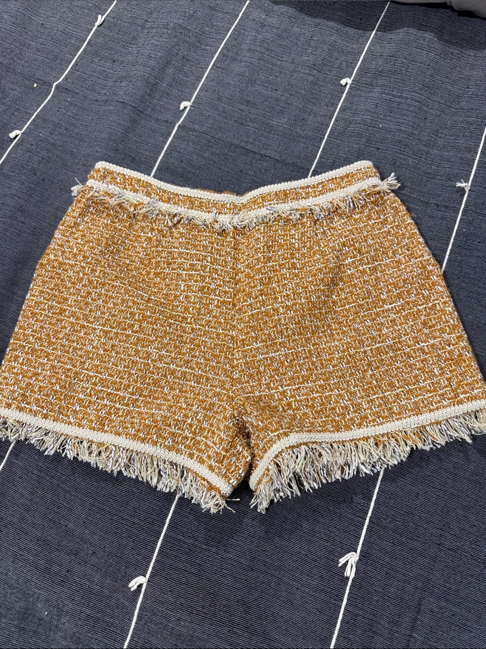 Walter Baker Mustard Tweed Fringe Bermuda Shorts